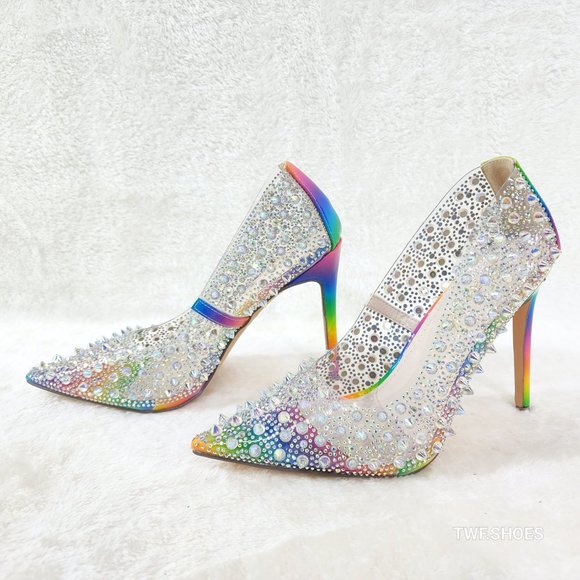 Spicy Stiletto PVC Clear Pumps Rainbow Colorful Studs & Rhinestone Pumps Hi… - Picture 3 of 14